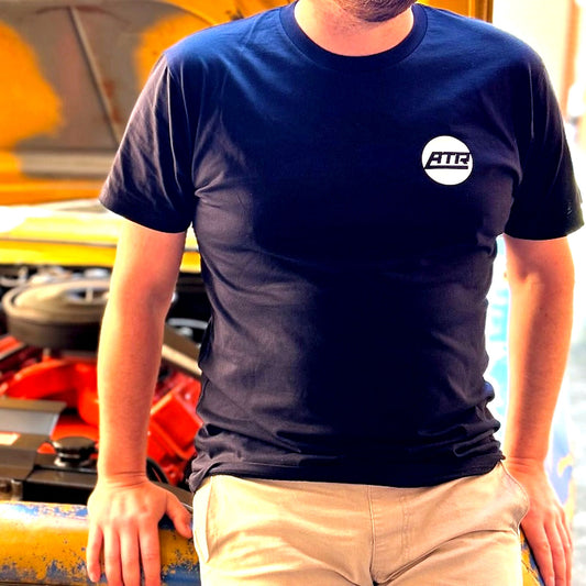 Advanced Track and Road ATR Classic navy tee with vintage motorsport style logo