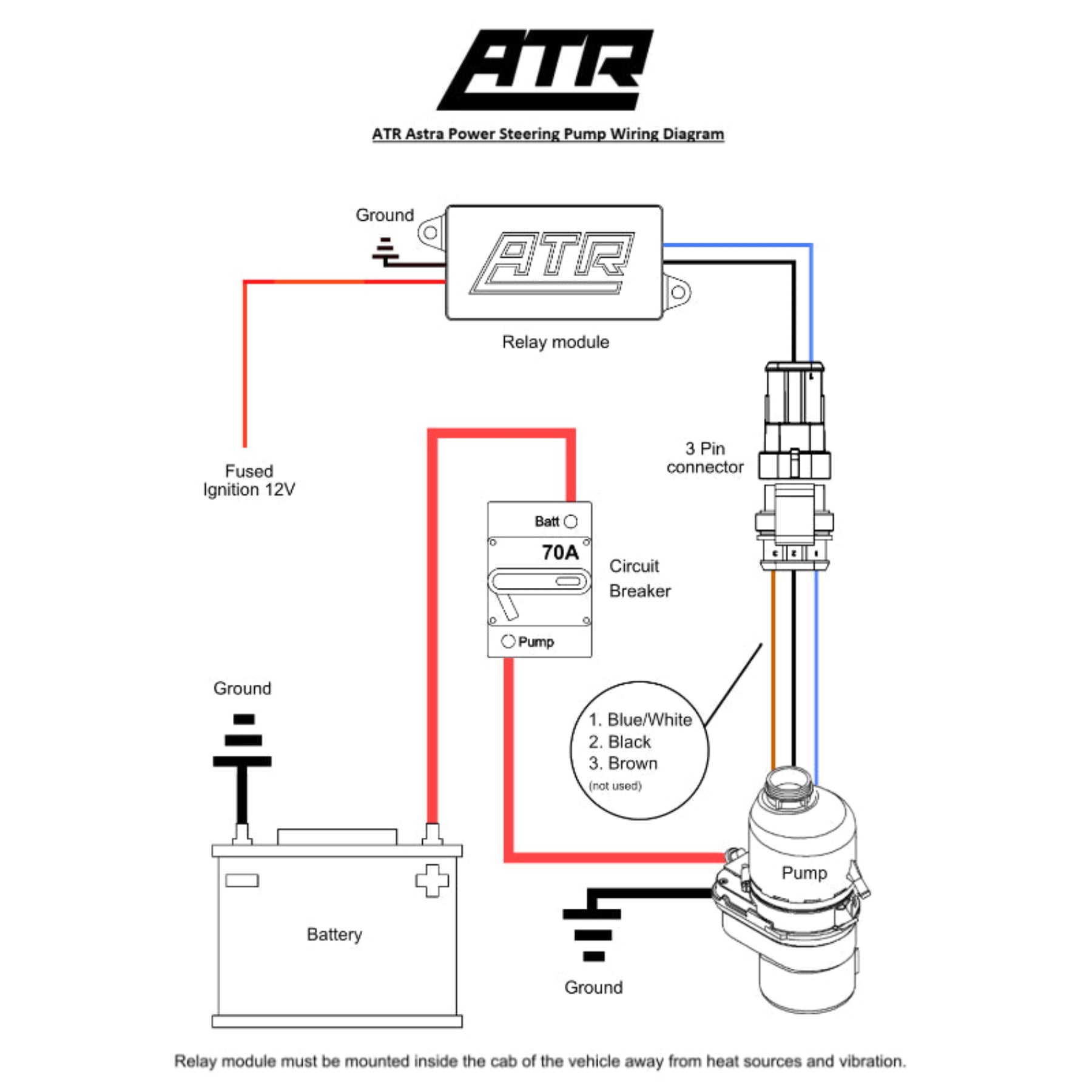Astra EPS pump wiring harness with factory connector for electric power steering conversions
