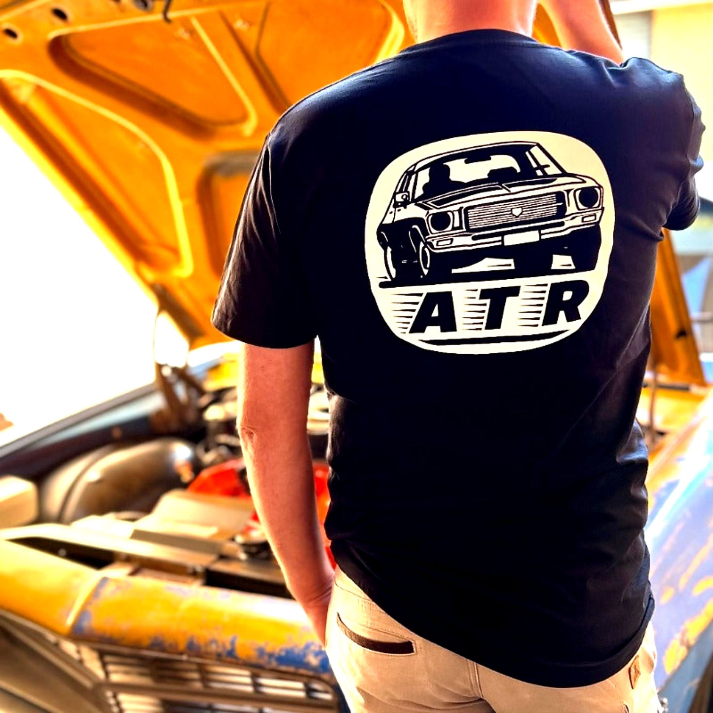 ATR Classic navy t shirt with vintage style Advanced Track and Road logo screen print