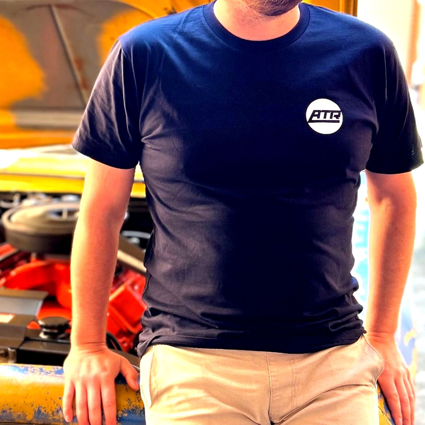 Advanced Track and Road ATR Classic navy tee with vintage motorsport style logo