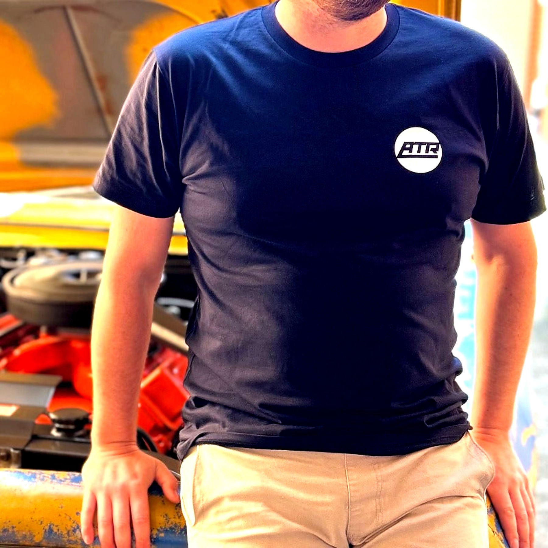 Advanced Track and Road ATR Classic navy tee with vintage motorsport style logo