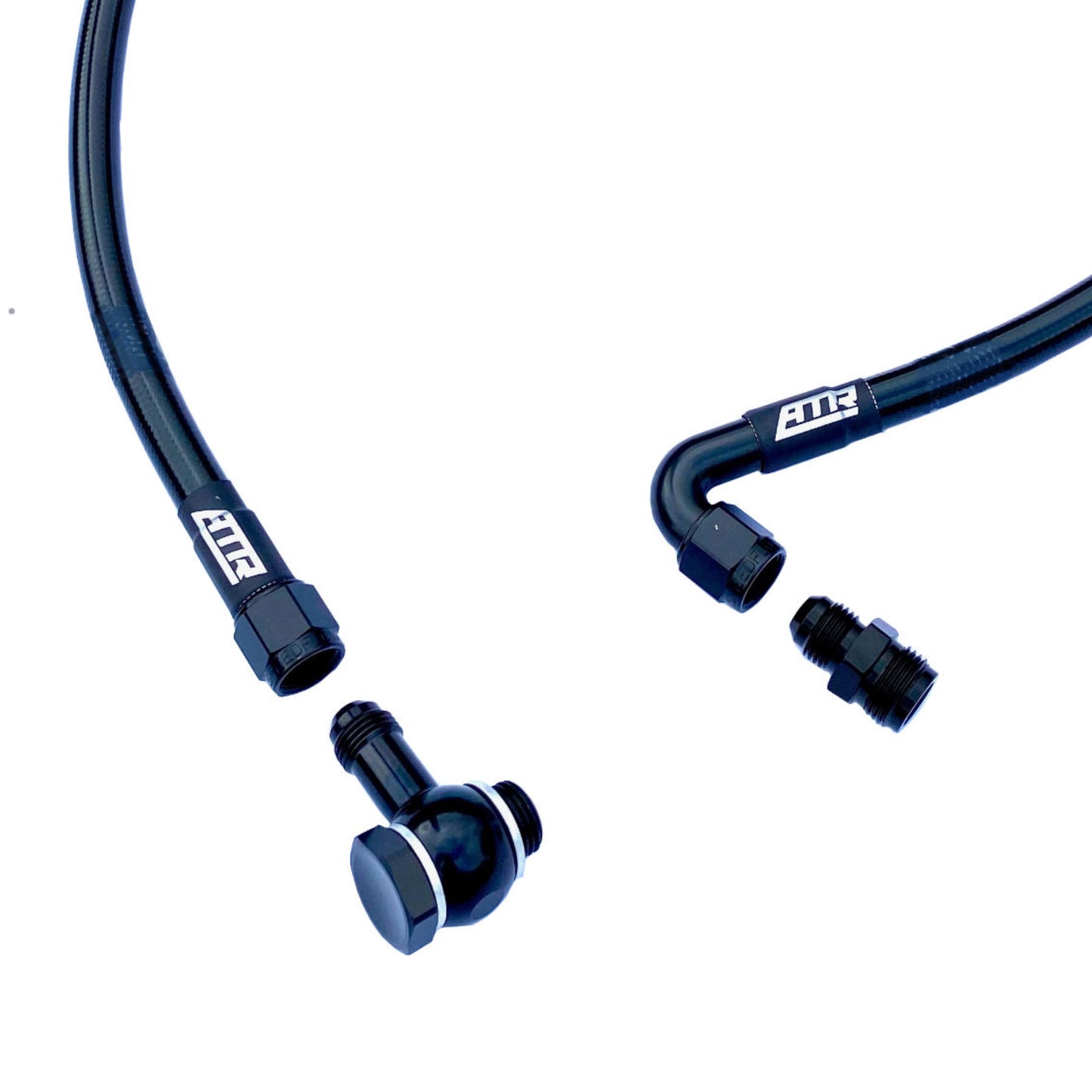 HQ–WB power steering lines to LS1 pump with AN fittings close-up showing banjo and 120-degree hose ends