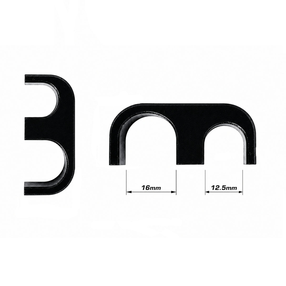 Billet aluminium hose clamp for LS sump power steering hose bracket with dimension.
