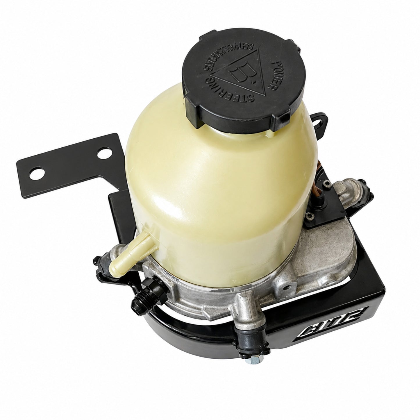 Top view of electric Astra power steering pump mounted with bracket in Holden Commodore VB to VL